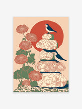 Japanese bird wall art print with two black and white birds, red flowers, green leaves, stacked stones, and a large red sun.