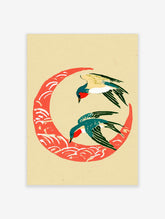 Two birds flying over a stylized red crescent wave, Japanese-inspired minimalist art print on cream background