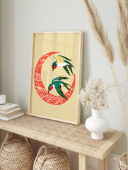 Two birds flying over a stylized red crescent wave, Japanese-inspired minimalist art print on, in an alternate framed mockup