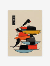 Japanese style wall art print with three colorful birds perched on a stack of red, orange, yellow, and blue hats.