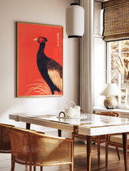 Japanese Ukiyo-e style bird wall art featuring a black pheasant with red face on a vibrant textured red background. - Image 3