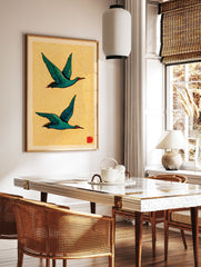 Japanese Ukiyo-e style art print featuring two teal birds flying against a textured yellow background. - Image 2
