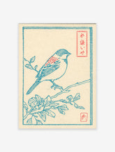 Japanese Ukiyo-e style bird print featuring a blue sparrow with red accents on a branch with leaves and flowers.