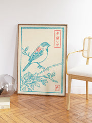 Japanese Ukiyo-e style bird print featuring a blue sparrow with red accents on a branch with leaves and flowers. - Image 2