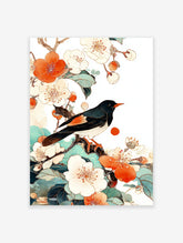 Japanese Bird Wall Art illustration of a black and orange bird on a branch with white and orange flowers and teal leaves.