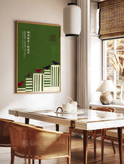 Illustrative Japanese birds wall art print with red, brown, and blue birds ascending white steps on, in a styled room mockup