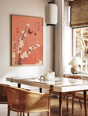 Japanese Blossom Butterfly poster with white flowers and orange butterflies on a textured muted orange background. - Image 2