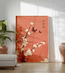 Japanese Blossom Butterfly poster with white flowers and orange butterflies on a textured muted orange background. - Image 3