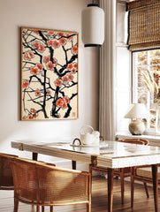 Japanese blossom poster with black branches and vibrant coral flowers on a cream background, in traditional woodblock style. - Image 2