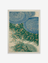 Japanese Blue Green Swirls Poster depicting stylized blue water ripples and green reeds with orange flecks.