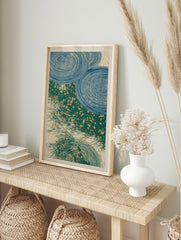 Japanese Blue Green Swirls Poster depicting stylized blue water ripples and green reeds with orange flecks. - Image 4