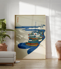 Japanese boat illustration wall art featuring colorful fishing boats docked in a serene coastal harbor scene. - Image 3