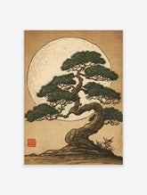 Stylised Japanese bonsai pine tree with green foliage and twisted brown trunk against a large textured full moon