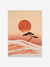 Minimalist Japanese landscape print featuring a bonsai tree on a sandy dune with a large red sun on a cream background