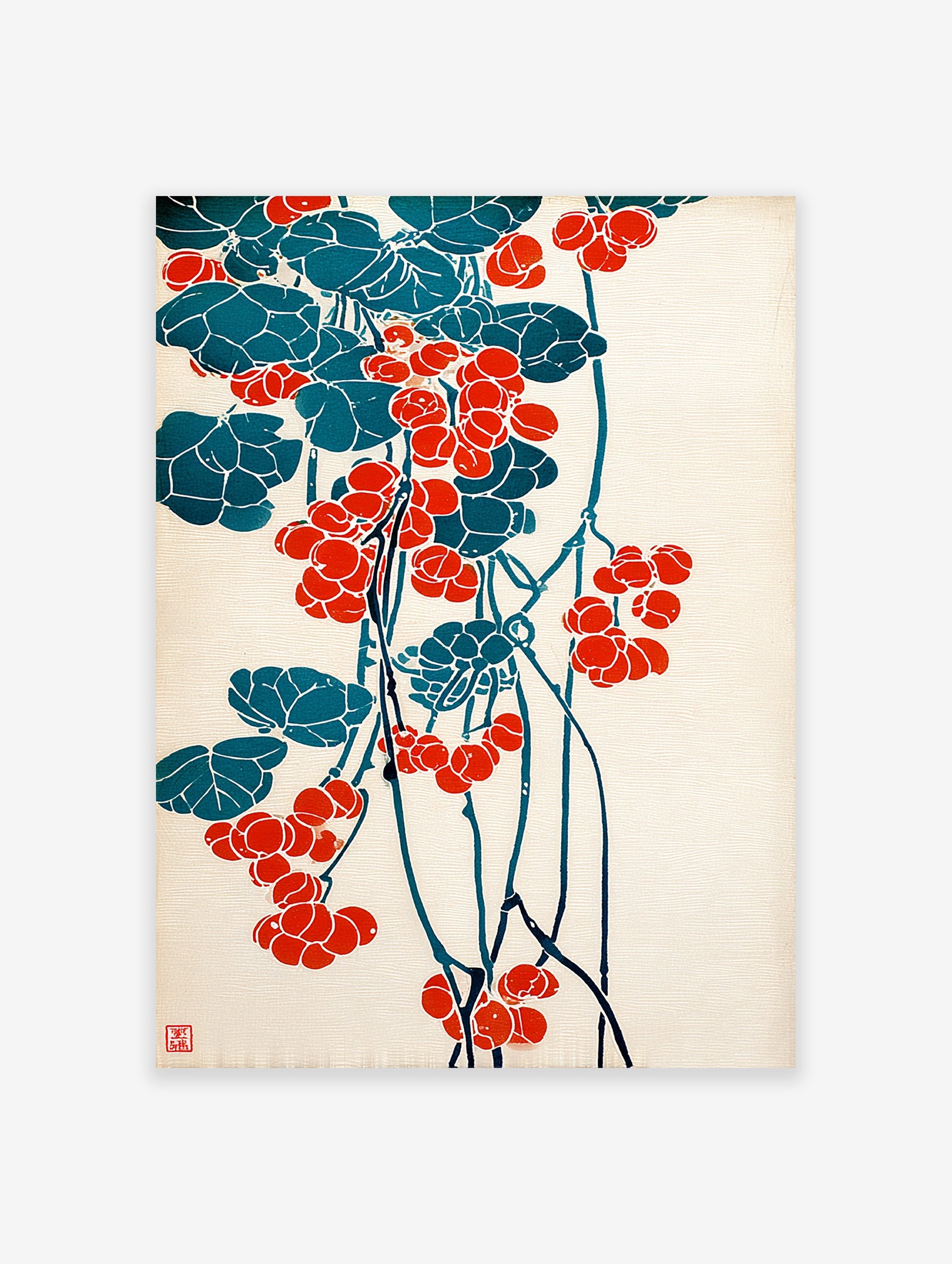 Japanese botanical poster with red berries and teal leaves on a light background, in a traditional Ukiyo-e art style.