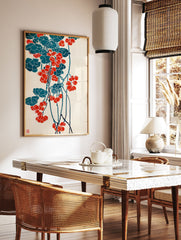 Japanese botanical poster with red berries and teal leaves on a light background, in a traditional Ukiyo-e art style. - Image 2