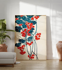 Japanese botanical poster with red berries and teal leaves on a light background, in a traditional Ukiyo-e art style. - Image 3
