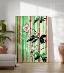 Japanese botanical poster with white flowers, black leaves, and red and green vertical stripes on a cream background, featuring a red stamp. - Image 3