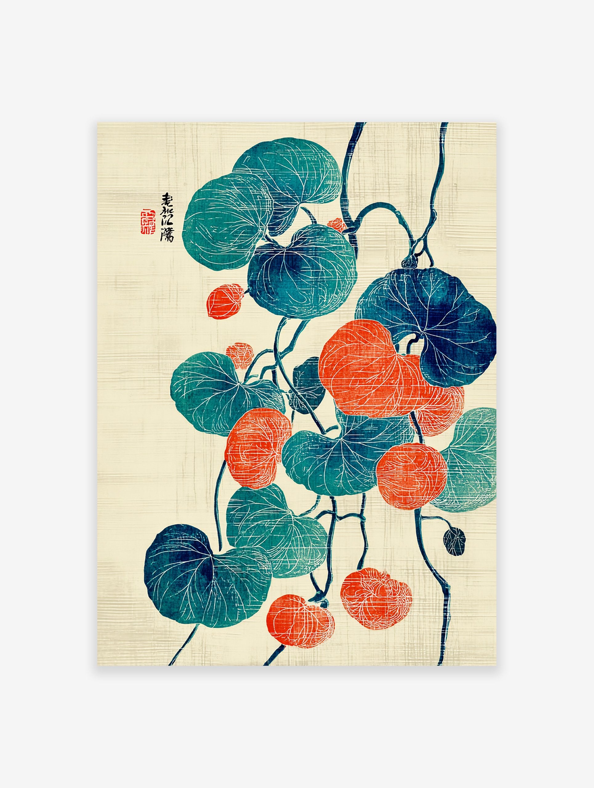 Japanese botanical poster with teal and orange round leaves on dark vines, featuring white line details and Japanese calligraphy.