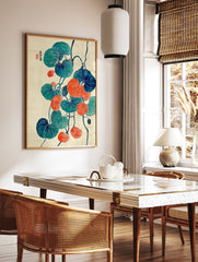Japanese botanical poster with teal and orange round leaves on dark vines, featuring white line details and Japanese calligraphy. - Image 2