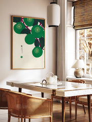 Japanese botanical print featuring green fruit and leaves on branches with Japanese text on a cream background. - Image 3
