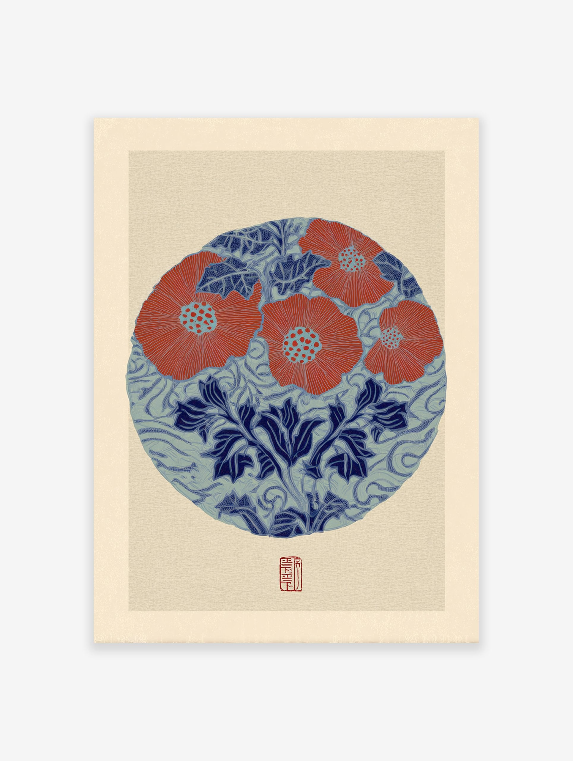 Japanese botanical print with red flowers and blue leaves in a circular design on a textured beige background.