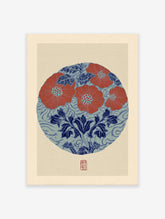 Japanese botanical print with red flowers and blue leaves in a circular design on a textured beige background.