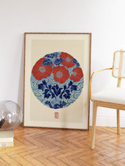 Japanese botanical print with red flowers and blue leaves in a circular design on a textured beige background. - Image 2