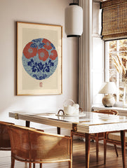Japanese botanical print with red flowers and blue leaves in a circular design on a textured beige background. - Image 3