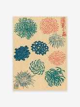 Japanese botanical print featuring various stylized floral and abstract designs in teal, blue, and red on a textured beige background.