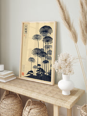 Japanese botanical wall art print with black silhouette umbrella flowers and pine trees on a cream background. - Image 3