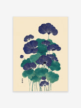 Japanese botanical wall art print featuring blue fan-shaped flowers and green leaves on a cream background, Ukiyo-e style.