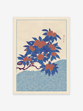 Japanese botanical illustration art print with blue leaves, orange berries, and a blue wave pattern on a cream background.