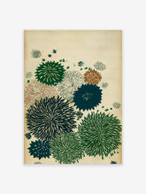 Japanese botanical wall art print with multi-color chrysanthemum flowers in green, teal, and brown on a textured cream background.