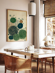 Japanese botanical wall art print with multi-color chrysanthemum flowers in green, teal, and brown on a textured cream background. - Image 2