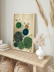 Japanese botanical wall art print with multi-color chrysanthemum flowers in green, teal, and brown on a textured cream background. - Image 3