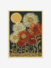 Japanese botanical print of red and white chrysanthemums with a golden sun against a dark background, stylized waves below.