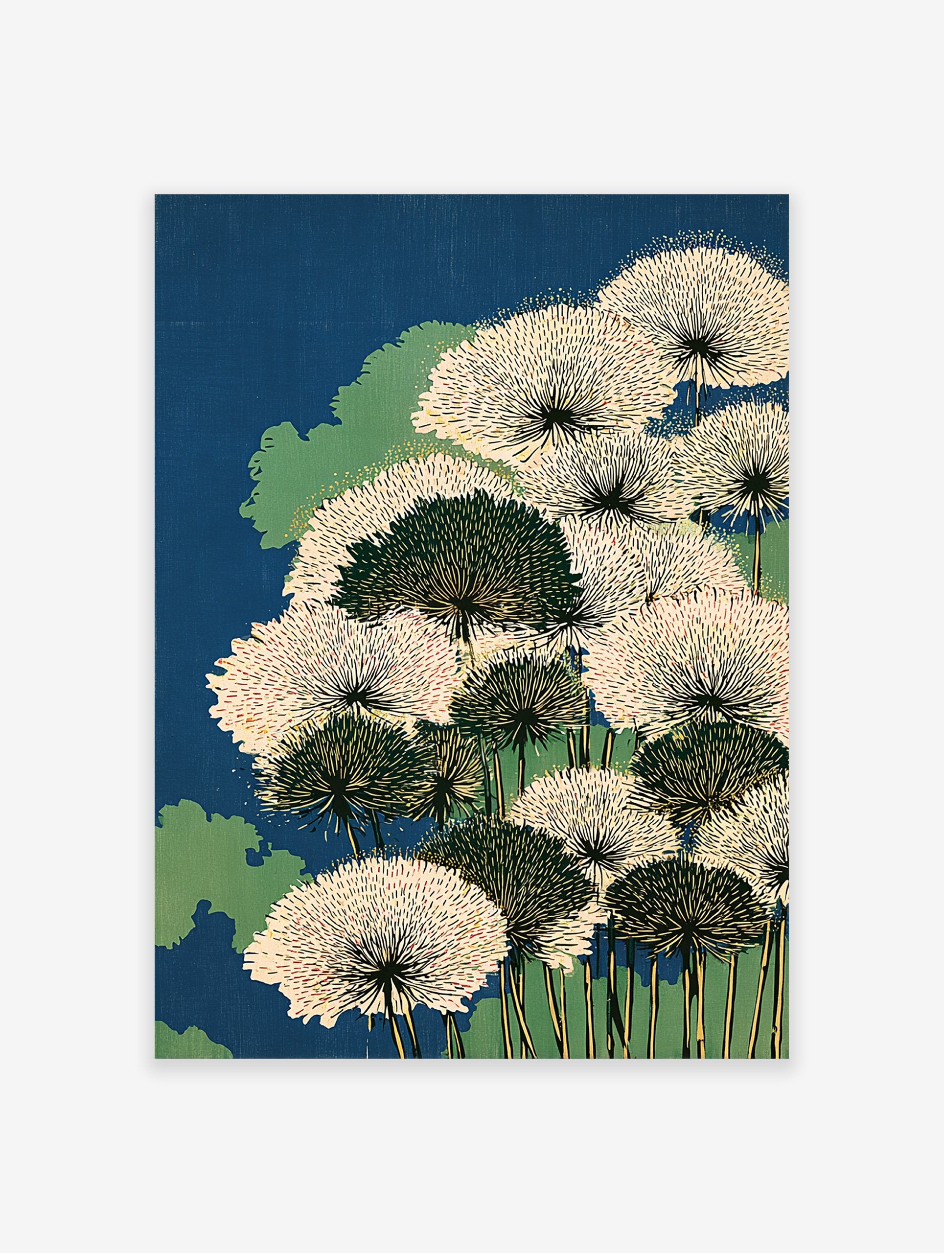 Japanese woodblock style botanical print featuring white and dark green dandelion-like flowers against a deep blue background.
