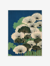 Japanese woodblock style botanical print featuring white and dark green dandelion-like flowers against a deep blue background.