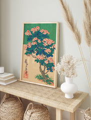 Japanese botanical wall art print of a flowering tree with pink blossoms, green leaves, and calligraphy on a beige & green background. - Image 3