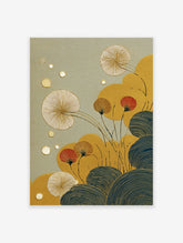 Japanese botanical wall art print with gold ginkgo leaves, red flowers, and blue wave patterns on a textured sage background.