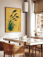 Japanese botanical wall art featuring dark green reeds with black plumes against a textured golden background - Image 2