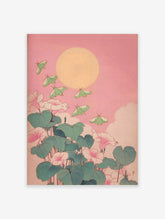 Japanese botanical wall art print with green luna moths flying around pink flowers and green leaves under a yellow sun or moon.