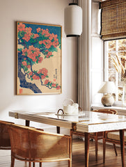 Japanese botanical wall art print with orange flowers and green leaves on a branch against a blue wave pattern. - Image 2