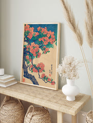 Japanese botanical wall art print with orange flowers and green leaves on a branch against a blue wave pattern. - Image 3