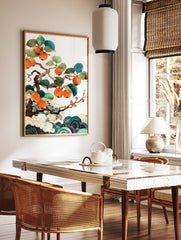 Japanese botanical art print featuring a persimmon tree with orange fruits, green leaves, white clouds, and blue waves. - Image 2