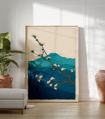 Japanese woodblock print of plum blossoms on a branch with blue mountains in the background. Botanical wall art. - Image 3