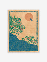 Japanese botanical wall art print with a pomegranate tree, flying birds, and a patterned sun, framed by decorative borders.