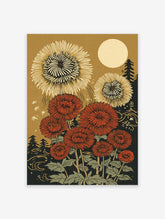 Japanese botanical wall art print with red and gold chrysanthemum flowers, a large moon, and dark trees at night.