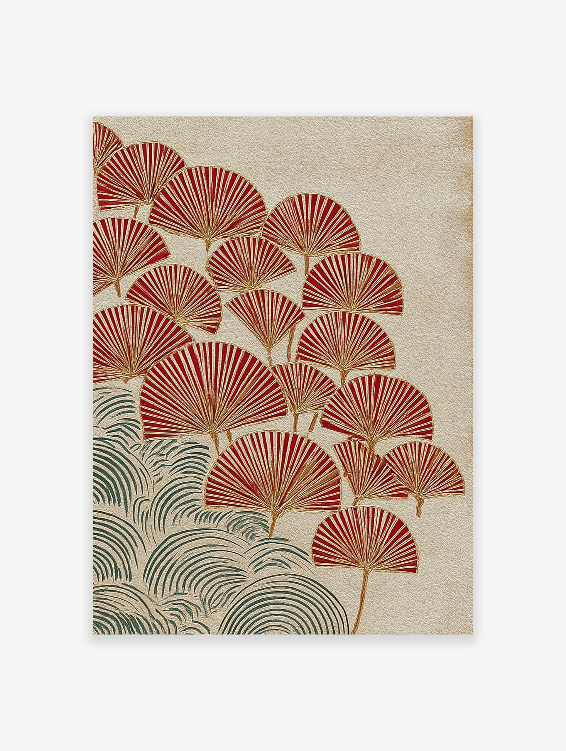 Japanese botanical art print with red fan-shaped leaves and green wave patterns on a textured beige background